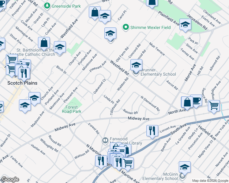 map of restaurants, bars, coffee shops, grocery stores, and more near 31 Waldon Road in Fanwood
