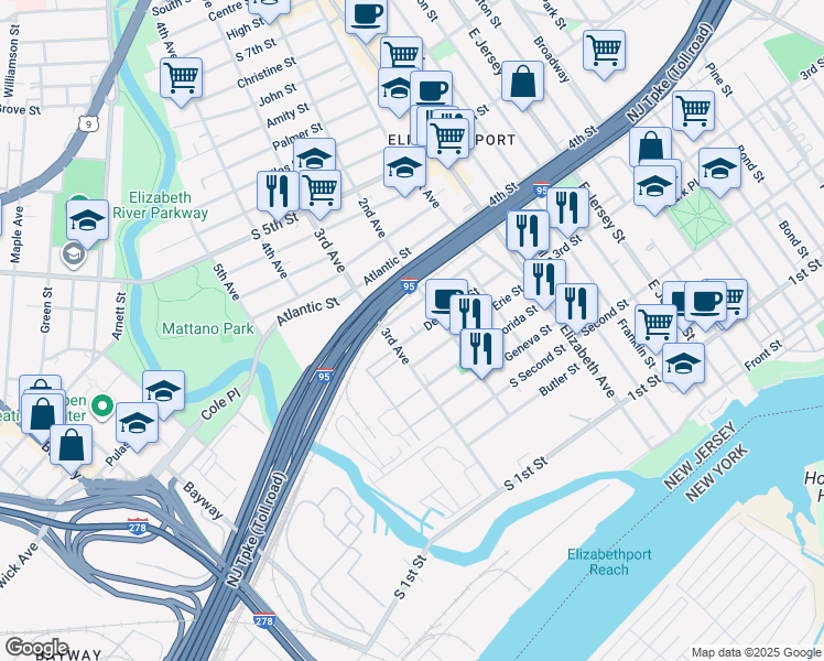 map of restaurants, bars, coffee shops, grocery stores, and more near 223 Delaware Street in Elizabeth