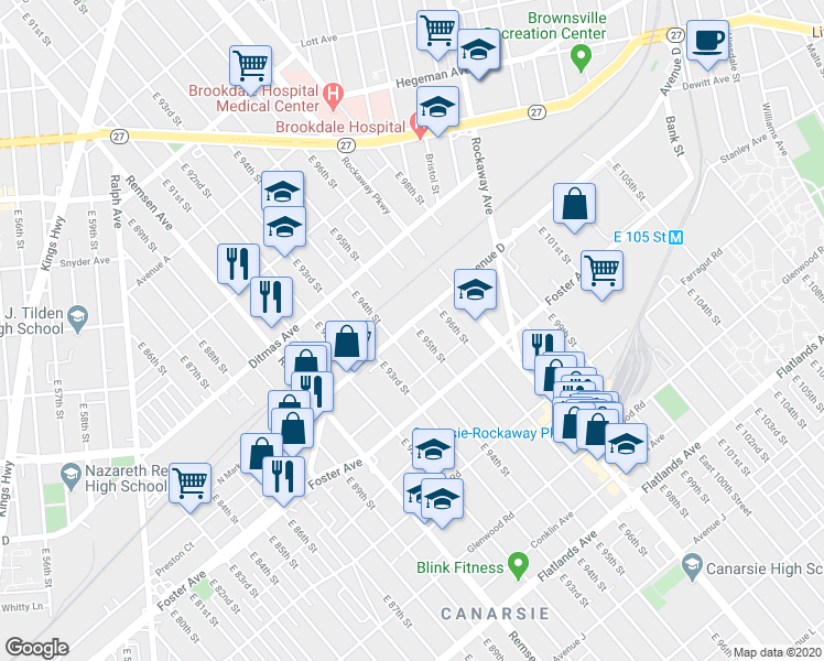 map of restaurants, bars, coffee shops, grocery stores, and more near 9424 Avenue D in Brooklyn
