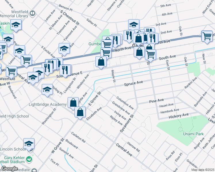 map of restaurants, bars, coffee shops, grocery stores, and more near 620 Spruce Ave in Garwood