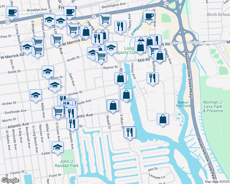 map of restaurants, bars, coffee shops, grocery stores, and more near 10 Southside Avenue in Freeport