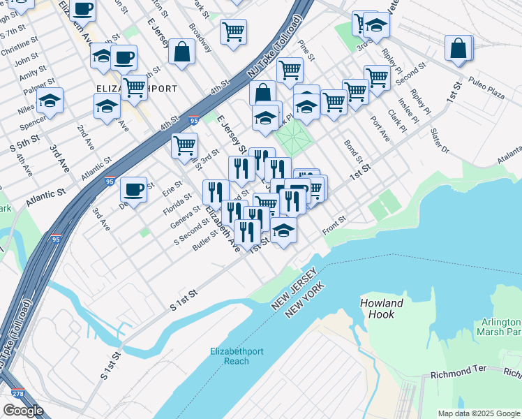 map of restaurants, bars, coffee shops, grocery stores, and more near 128 Fulton Street in Elizabeth