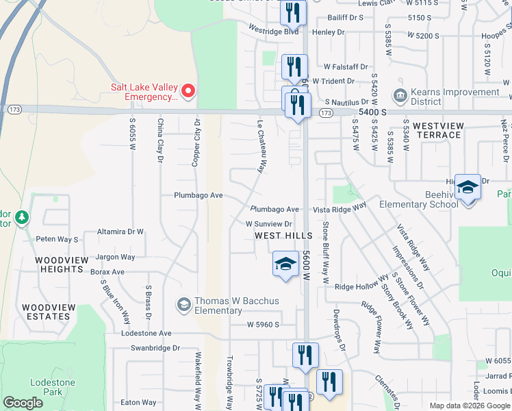 map of restaurants, bars, coffee shops, grocery stores, and more near 5712 Plumbago Avenue in Kearns