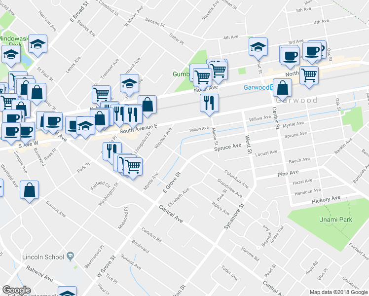 map of restaurants, bars, coffee shops, grocery stores, and more near 314 Myrtle Avenue in Westfield