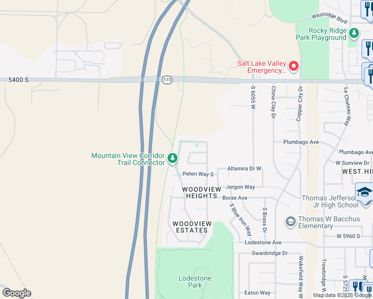 map of restaurants, bars, coffee shops, grocery stores, and more near Chama Way West in West Valley City