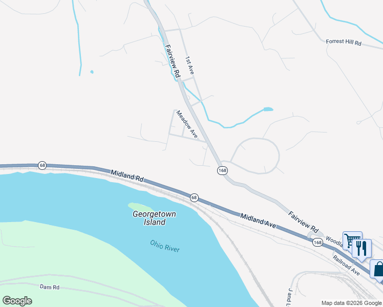 map of restaurants, bars, coffee shops, grocery stores, and more near 108 Undercliff Road in Midland