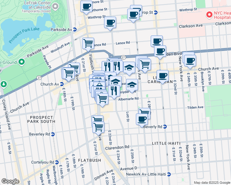 map of restaurants, bars, coffee shops, grocery stores, and more near Bedford Ave & Snyder Ave in Brooklyn
