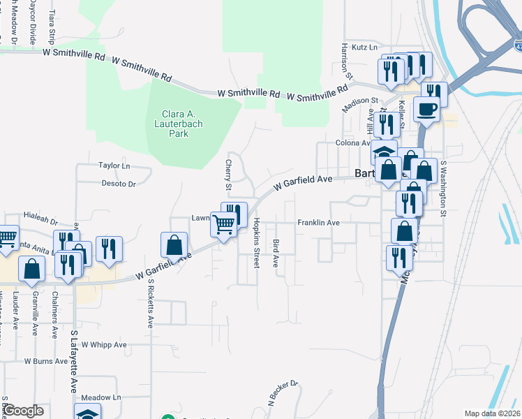 map of restaurants, bars, coffee shops, grocery stores, and more near 432 W Garfield Ave in Bartonville