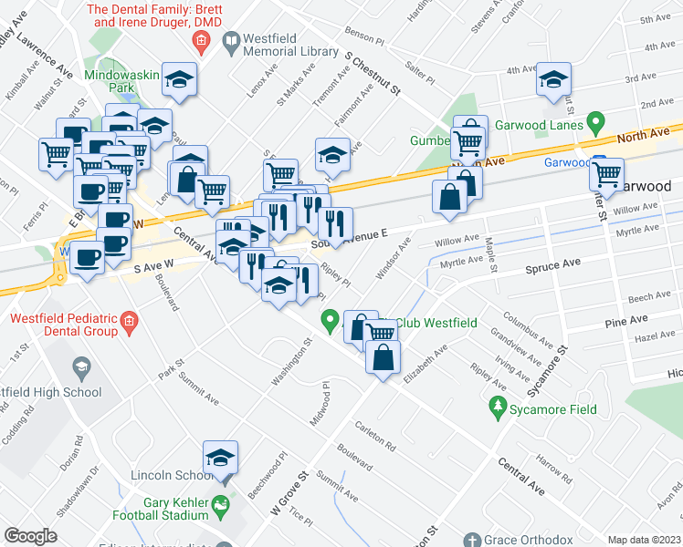 map of restaurants, bars, coffee shops, grocery stores, and more near 305 Livingston Street in Westfield