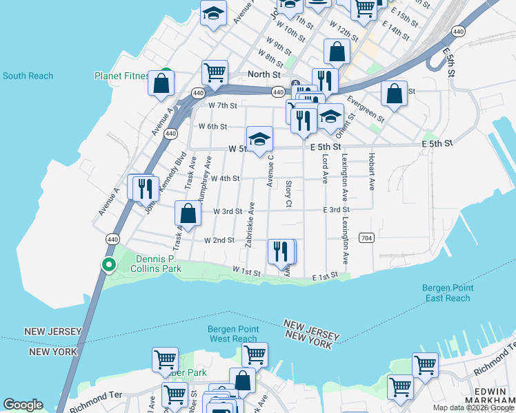 map of restaurants, bars, coffee shops, grocery stores, and more near 82-84 Zabriskie Avenue in Bayonne