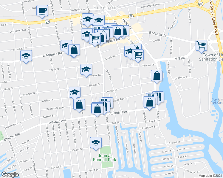 map of restaurants, bars, coffee shops, grocery stores, and more near 88 East Avenue in Freeport