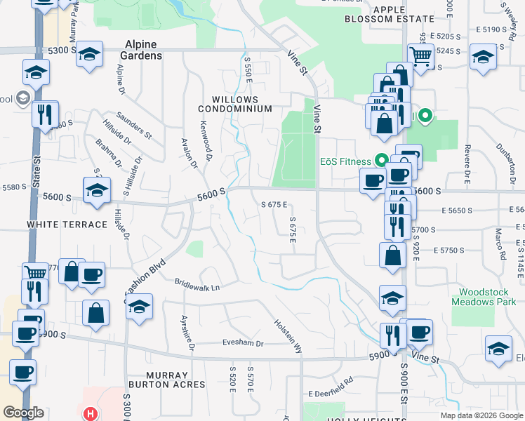 map of restaurants, bars, coffee shops, grocery stores, and more near 5655 South 575 East in Murray
