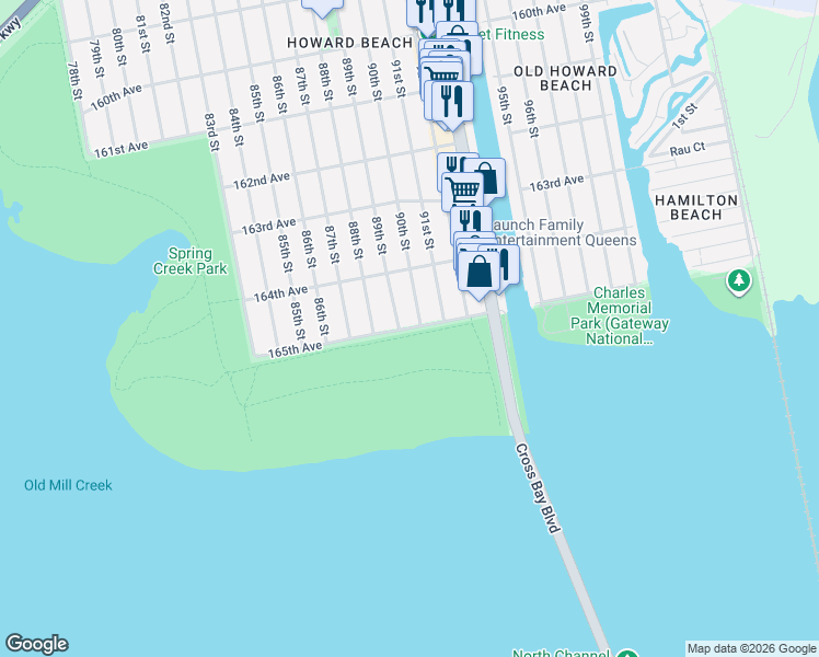 map of restaurants, bars, coffee shops, grocery stores, and more near 89-15 165th Avenue in Queens