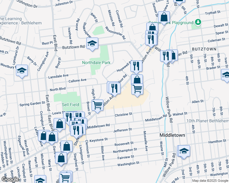 map of restaurants, bars, coffee shops, grocery stores, and more near 2405 Nottingham Road in Bethlehem