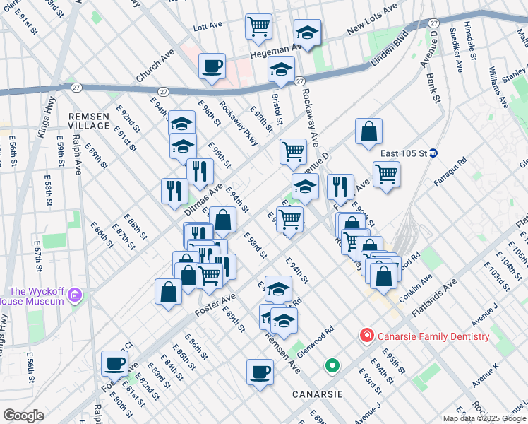 map of restaurants, bars, coffee shops, grocery stores, and more near 9424 Avenue D in Brooklyn