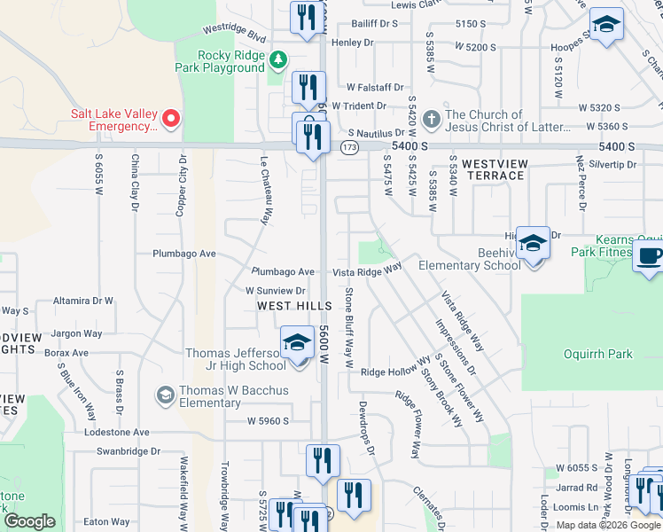 map of restaurants, bars, coffee shops, grocery stores, and more near 5575 Alpine Point Circle in Kearns