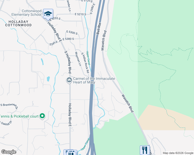 map of restaurants, bars, coffee shops, grocery stores, and more near 3095 East Silver Hawk Drive in Holladay