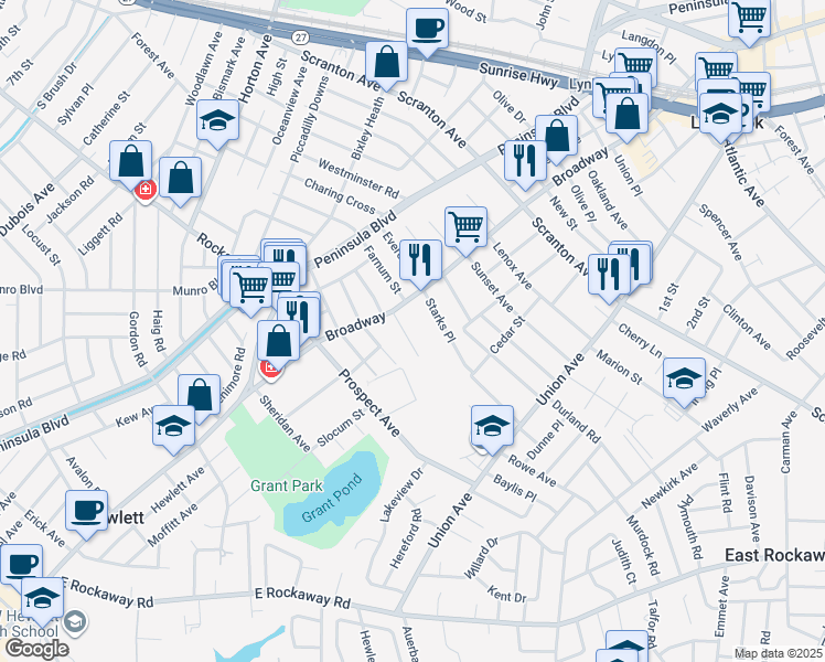 map of restaurants, bars, coffee shops, grocery stores, and more near 570 Broadway in Lynbrook
