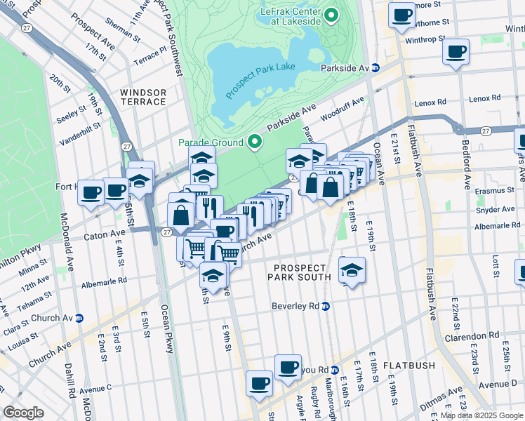 map of restaurants, bars, coffee shops, grocery stores, and more near 40 Argyle Road in Brooklyn