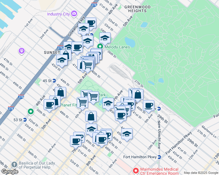 map of restaurants, bars, coffee shops, grocery stores, and more near 654 40th Street in Brooklyn