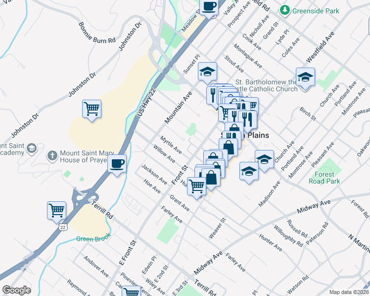 map of restaurants, bars, coffee shops, grocery stores, and more near 15 King James Court in Scotch Plains