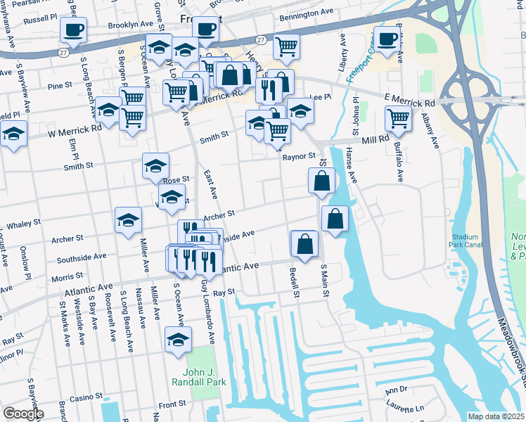 map of restaurants, bars, coffee shops, grocery stores, and more near 71 Archer Street in Freeport