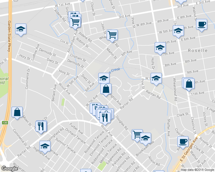 map of restaurants, bars, coffee shops, grocery stores, and more near 5 Colonial Road in Roselle