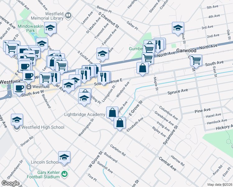 map of restaurants, bars, coffee shops, grocery stores, and more near 247 Windsor Avenue in Westfield