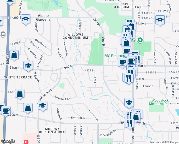 map of restaurants, bars, coffee shops, grocery stores, and more near 5655 South 575 East in Murray