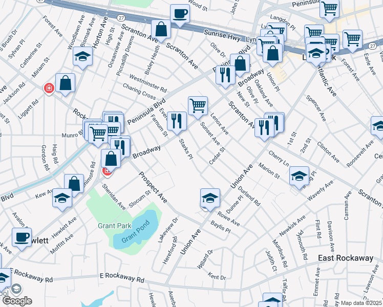map of restaurants, bars, coffee shops, grocery stores, and more near 25 Starks Place in Lynbrook