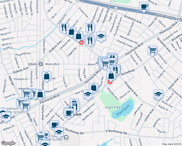 map of restaurants, bars, coffee shops, grocery stores, and more near 108 Horton Road in Valley Stream