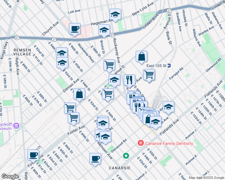 map of restaurants, bars, coffee shops, grocery stores, and more near 845 East 96th Street in Brooklyn