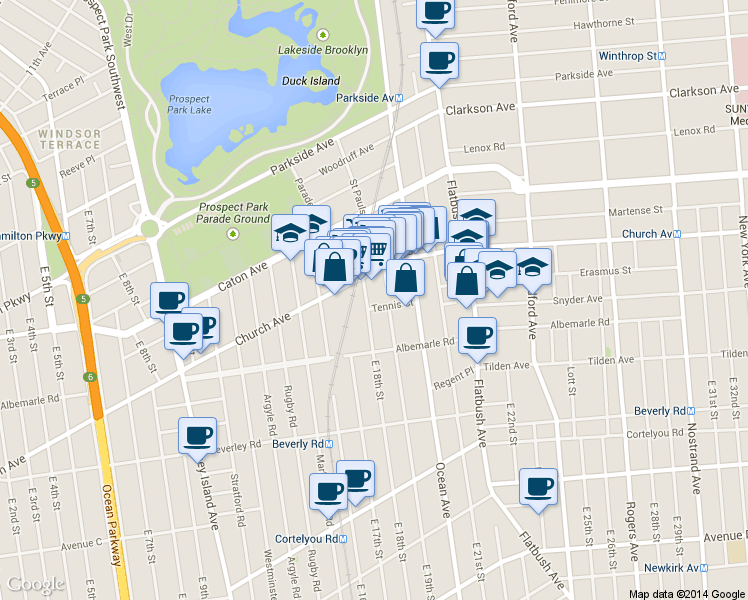 map of restaurants, bars, coffee shops, grocery stores, and more near 14 Tennis Court in Brooklyn