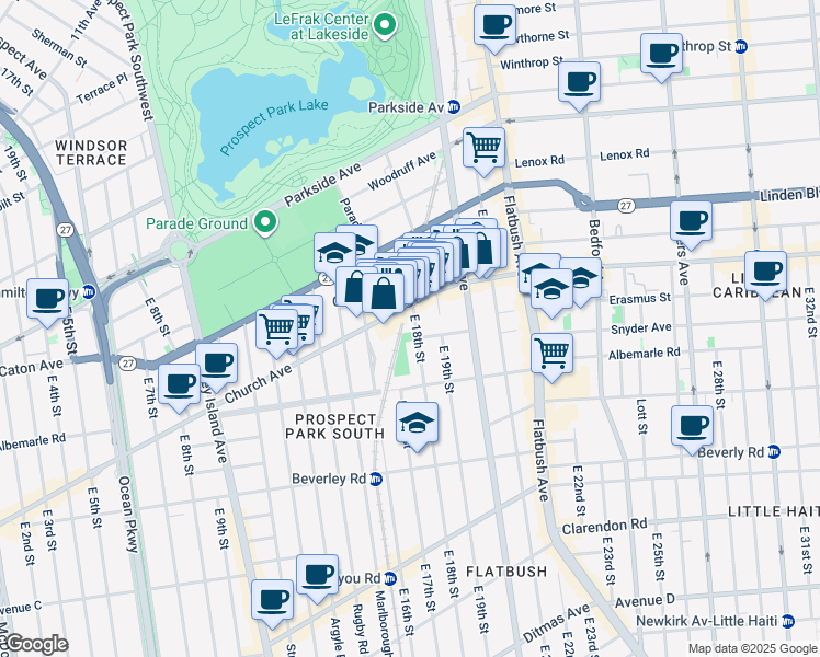 map of restaurants, bars, coffee shops, grocery stores, and more near 108 East 18th Street in Brooklyn