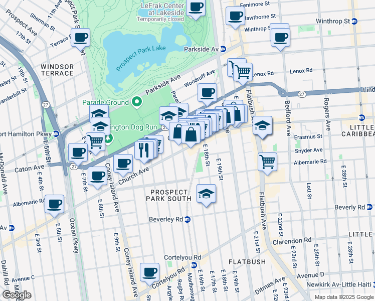 map of restaurants, bars, coffee shops, grocery stores, and more near 84 Buckingham Road in Brooklyn