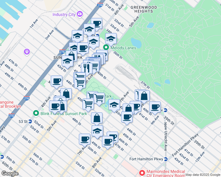 map of restaurants, bars, coffee shops, grocery stores, and more near 619 41st Street in Brooklyn