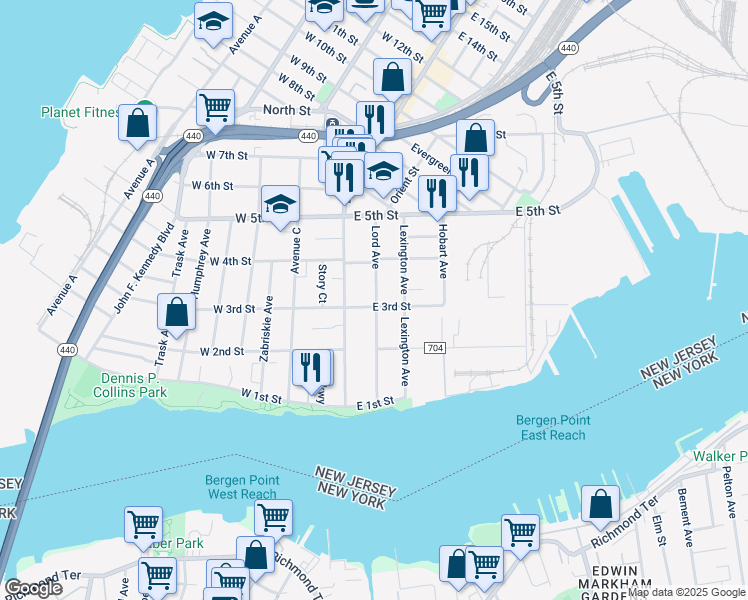 map of restaurants, bars, coffee shops, grocery stores, and more near 22 East 3rd Street in Bayonne