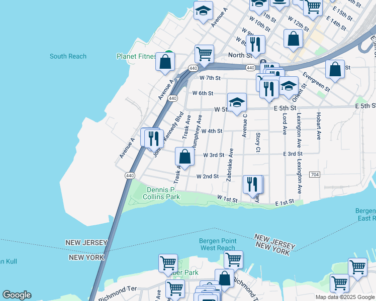 map of restaurants, bars, coffee shops, grocery stores, and more near 115 West 3rd Street in Bayonne