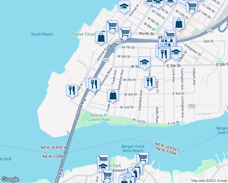 map of restaurants, bars, coffee shops, grocery stores, and more near 53 Trask Avenue in Bayonne