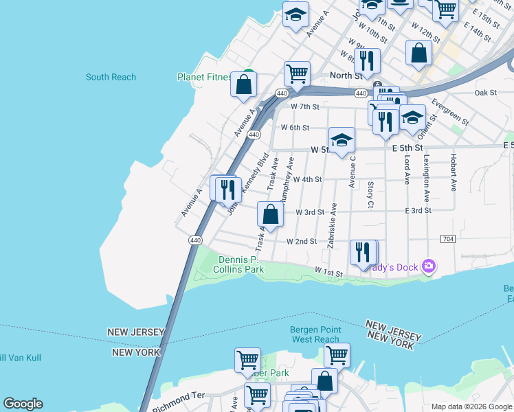 map of restaurants, bars, coffee shops, grocery stores, and more near 53 Trask Avenue in Bayonne