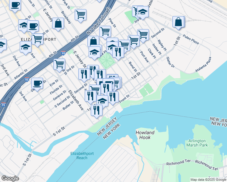 map of restaurants, bars, coffee shops, grocery stores, and more near 121 1st Street in Elizabeth