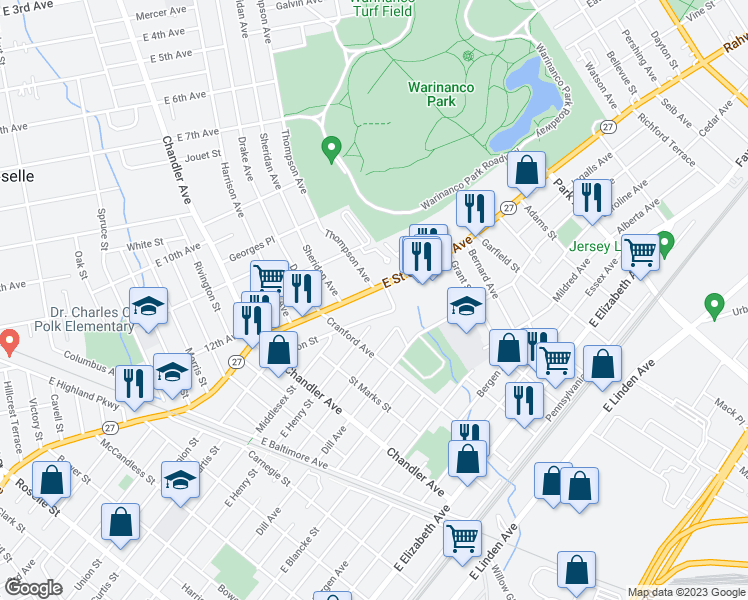 map of restaurants, bars, coffee shops, grocery stores, and more near 1440 East Saint Georges Avenue in Linden