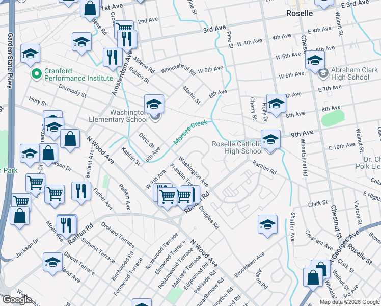 map of restaurants, bars, coffee shops, grocery stores, and more near 5 Colonial Road in Roselle