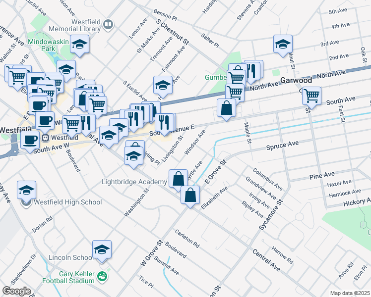 map of restaurants, bars, coffee shops, grocery stores, and more near 247 Windsor Avenue in Westfield
