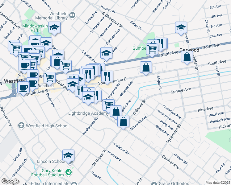map of restaurants, bars, coffee shops, grocery stores, and more near 247 Windsor Avenue in Westfield