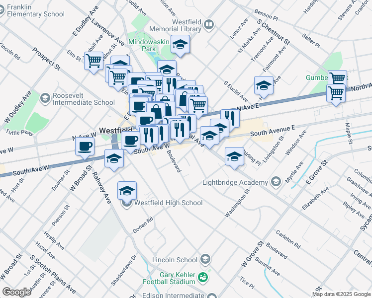 map of restaurants, bars, coffee shops, grocery stores, and more near 220 Ross Place in Westfield