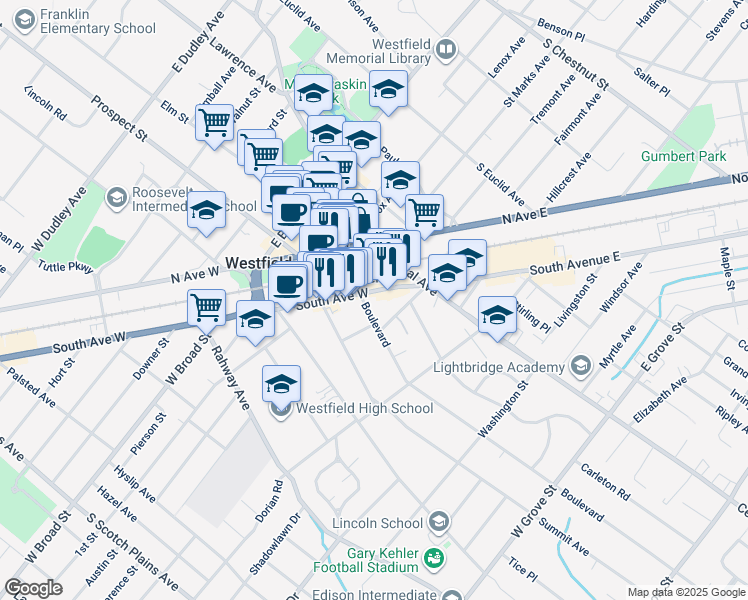 map of restaurants, bars, coffee shops, grocery stores, and more near 300 South Avenue West in Westfield