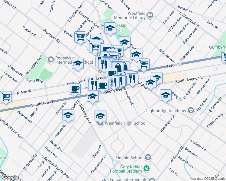 map of restaurants, bars, coffee shops, grocery stores, and more near 402 Summit Avenue in Westfield
