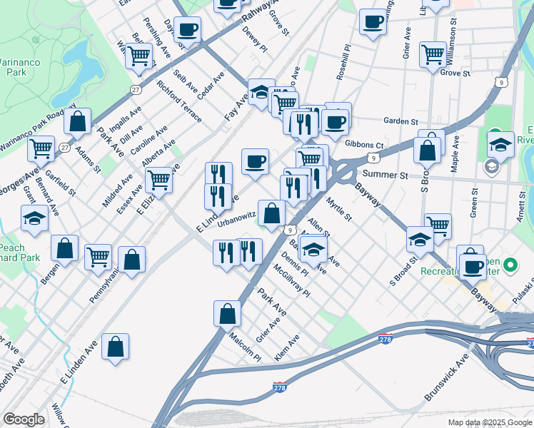 map of restaurants, bars, coffee shops, grocery stores, and more near 402-416 Bacheller Avenue in Linden