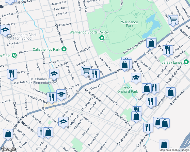map of restaurants, bars, coffee shops, grocery stores, and more near 1122 Drake Avenue in Roselle